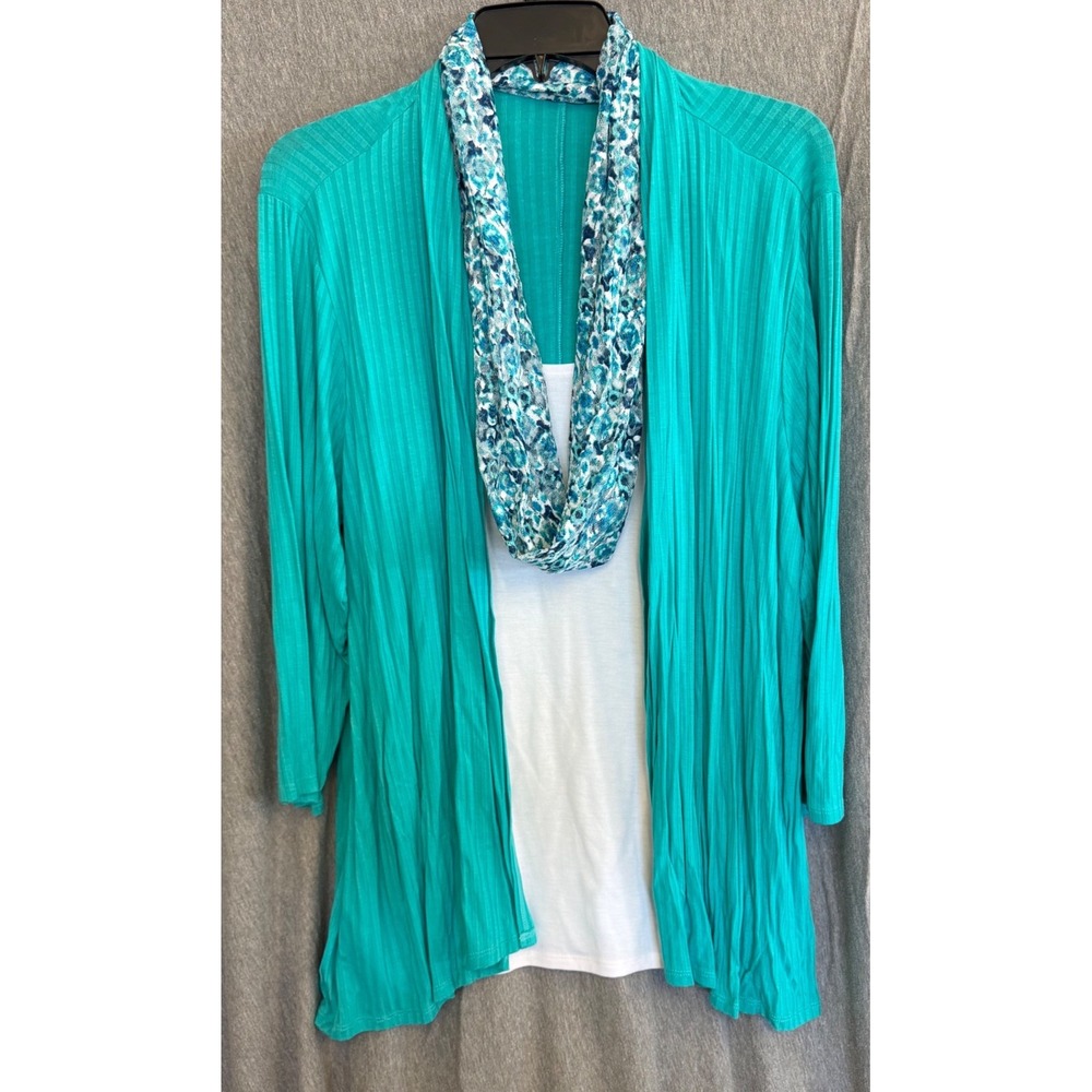 Notations‎ Woman Cardigan Set Teal Ribbed Open Front Scarf Tank Womens 1X